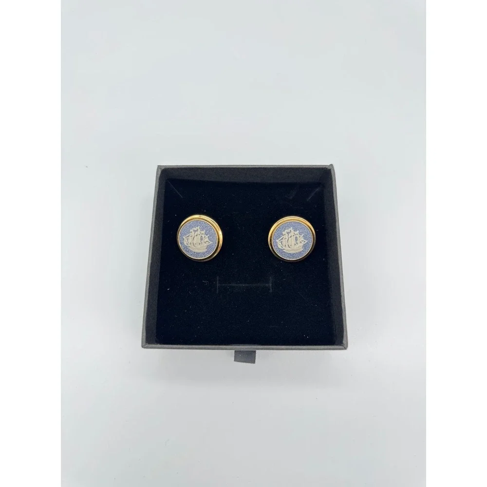 Wedgwood cufflinks Vintage Gold Tone Round‎ Ship Sailing Ship Formal Gift